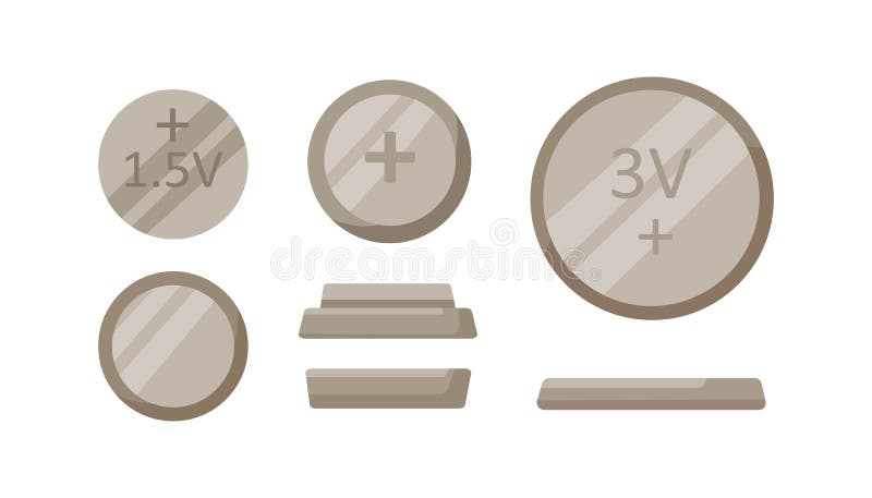 Button coin batteries of round shape. Dry circle single cells set of different size, voltage. Metal baterries for