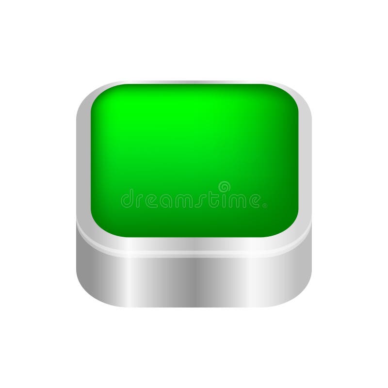Button square shape green for buttons games play isolated on white, green modern 3d buttons simple and convex, square button green stock illustration