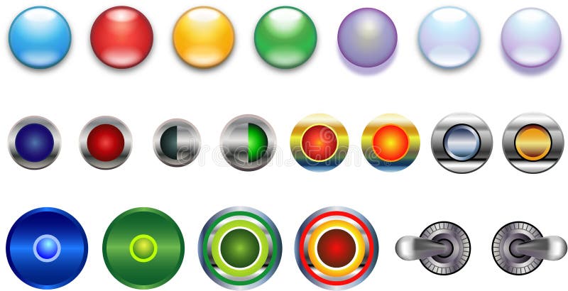 Buttons, blue red yellow green violet glassy metal