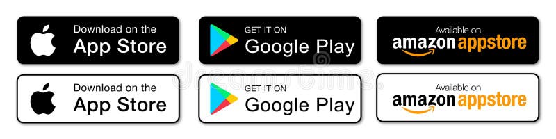 App store buttons set. Google Play Store logo.  AppStore logo. Apple  App Store button. Microsoft download app. Stock Vector