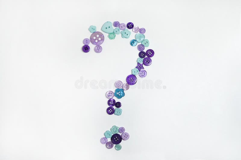 Card with blue and purple buttons of different sizes, beautifully scattered on a light background Â  in the form of a question mark. Card with blue and purple buttons of different sizes, beautifully scattered on a light background Â  in the form of a question mark