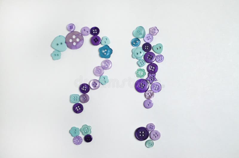 Card with blue and purple buttons of different sizes, beautifully scattered on a light background in the form of question and exclamation marks. Card with blue and purple buttons of different sizes, beautifully scattered on a light background in the form of question and exclamation marks