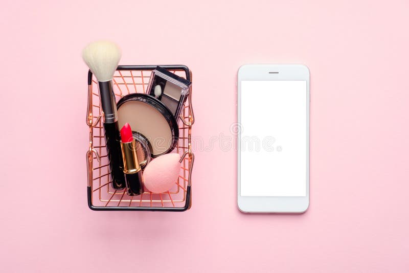 Buy Cosmetic Online Via Mobile Phone App Concept. Flat Lay Composition with Shopping with Cosmetics and Mobile Phone with Stock Photo - Image of brush, empty: 185952832