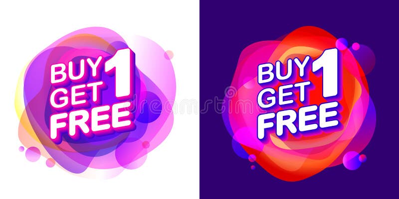 Buy 1 Get 1 Free, sale tag with fluid pink neon color circle abstract shape background royalty free illustration