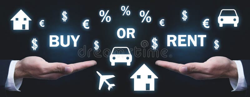 Buy Or Rent concept. Real estate, Car rent, Airplane