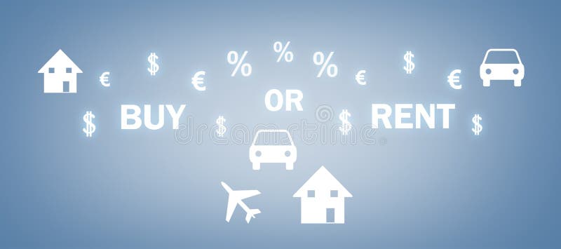 Buy Or Rent concept. Real estate, Car rent, Airplane