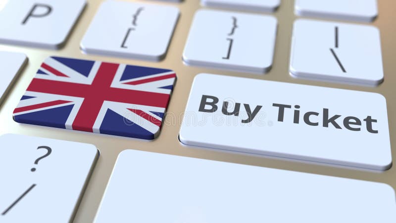 BUY TICKET text and flag of Great Britain on the buttons on the computer keyboard. Travel related conceptual 3D