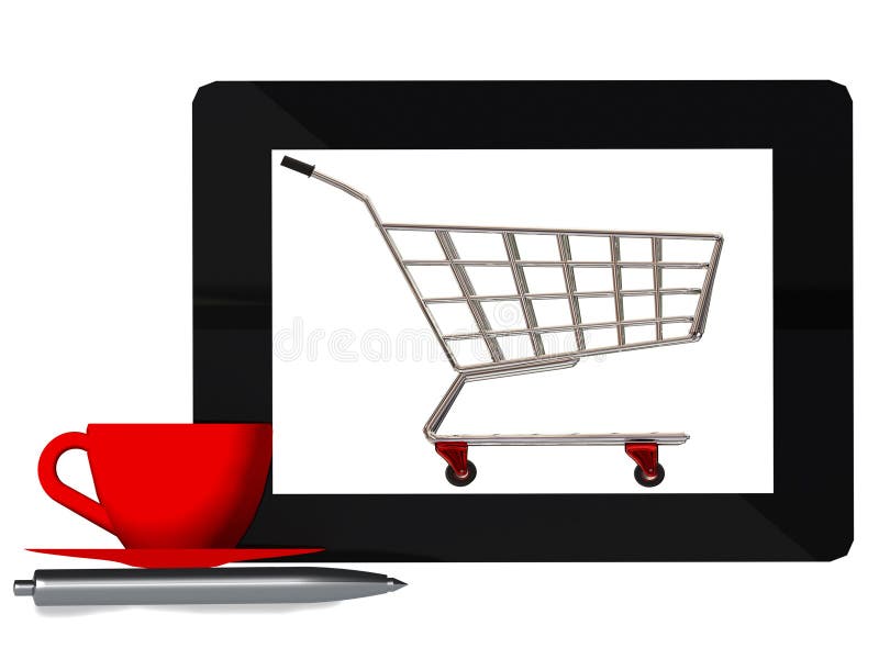 Buy from your home online ipad coffee cup super market trolley- 3d rendering vector illustration