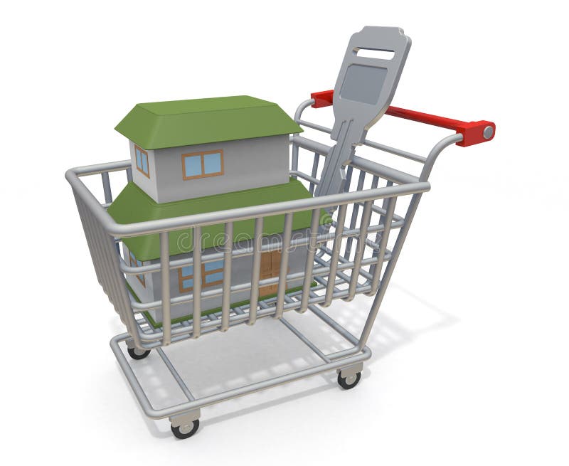3D illustration. Purchase a new house. House and key in shopping cart. stock illustration 3D illustration. Purchase a new house. House and key in shopping cart. stock illustration