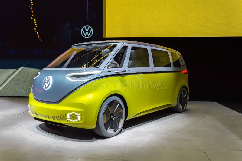 FRANKFURT - SEP 15, 2019: Yellow silver VW ID Buzz or ID.Buzz. Electric Volkswagen Bulli minivan is zero-emission concept car, microbus developed for series production at IAA 2019 Frankfurt Motor Show. FRANKFURT - SEP 15, 2019: Yellow silver VW ID Buzz or ID.Buzz. Electric Volkswagen Bulli minivan is zero-emission concept car, microbus developed for series production at IAA 2019 Frankfurt Motor Show