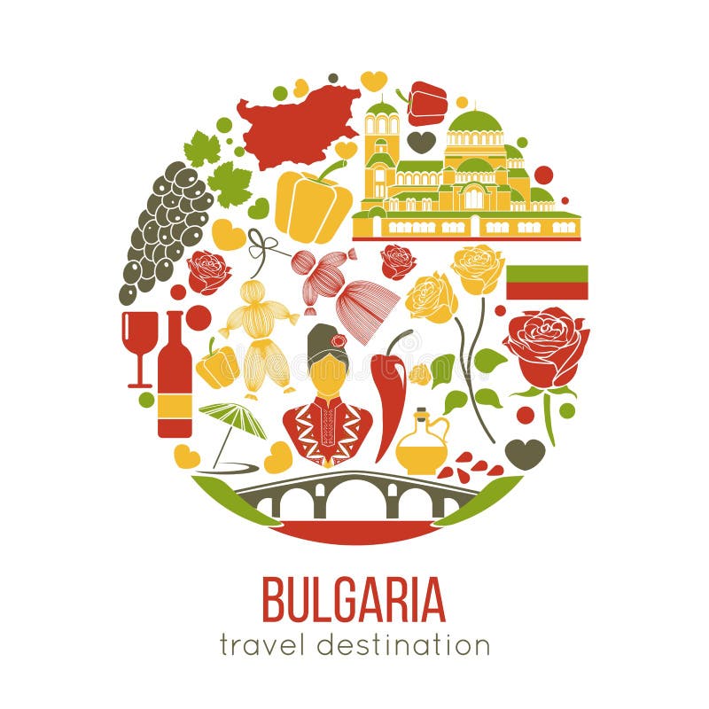 Bułgaria tradycyjni symbole w okręgu odizolowywającym na bielu ilustracja wektor Bułgaria tradycyjni symbole w okręgu odizolowywającym na bielu ilustracja wektor
