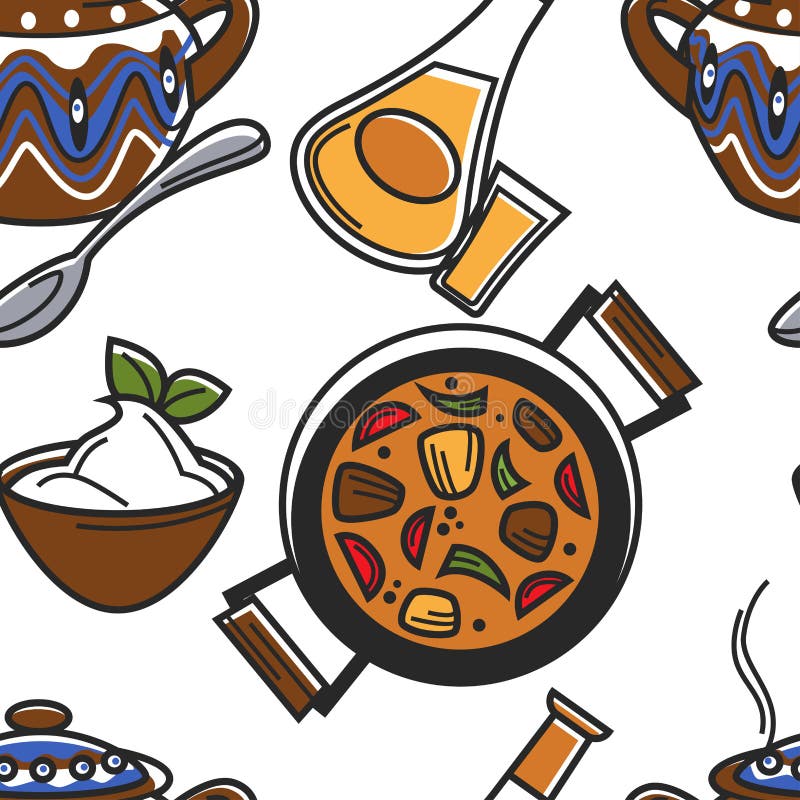 Bułgarski jedzenie i bezszwowy deseniowy guvech rakia i ilustracja wektor Bułgarski jedzenie i bezszwowy deseniowy guvech rakia i ilustracja wektor