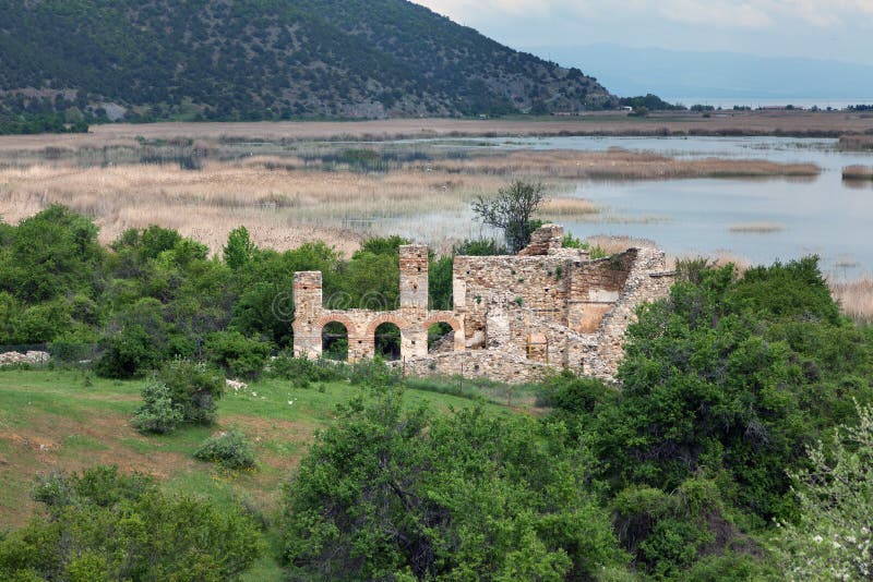 Byazntine basilica on the island of Agios Achilios , Small Prespa Lake, Macedonia, Greece stock images Byazntine basilica on the island of Agios Achilios , Small Prespa Lake, Macedonia, Greece stock images