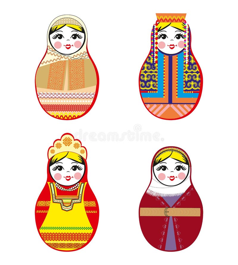 Bygga bo dockauppsättning Matryoshka med olika traditionella ryssprydnader Isolerad vektorillustration stock illustrationer Bygga bo dockauppsättning Matryoshka med olika traditionella ryssprydnader Isolerad vektorillustration stock illustrationer