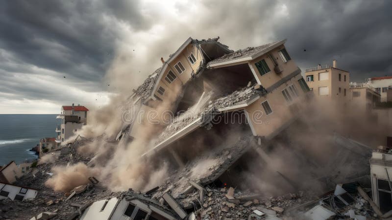 Bygga kollapsande av Amidst Debris och Dust Cloud under katastrofen vektor illustrationer