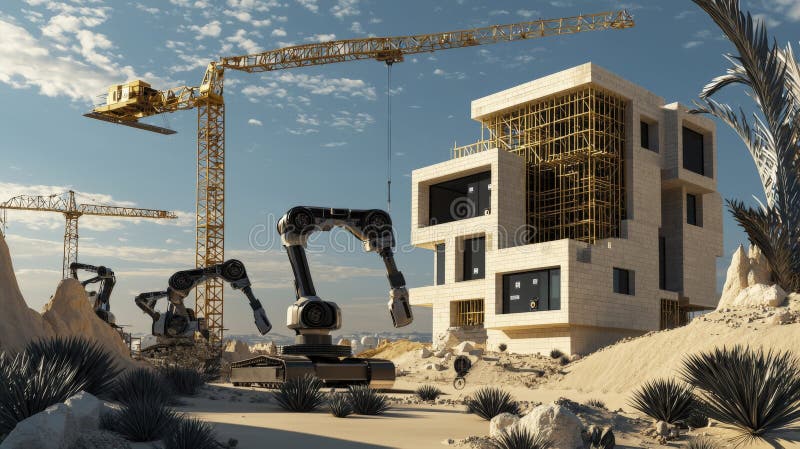 Byggherrar som samlar modern arkitektur i den futuristiska teknikscenen i ökenmiljön vektor illustrationer