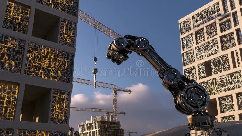 Byggrobotar som sätter samman en modern struktur för digital konst på stadsplats, dagtid, futuristisk teknik stock illustrationer