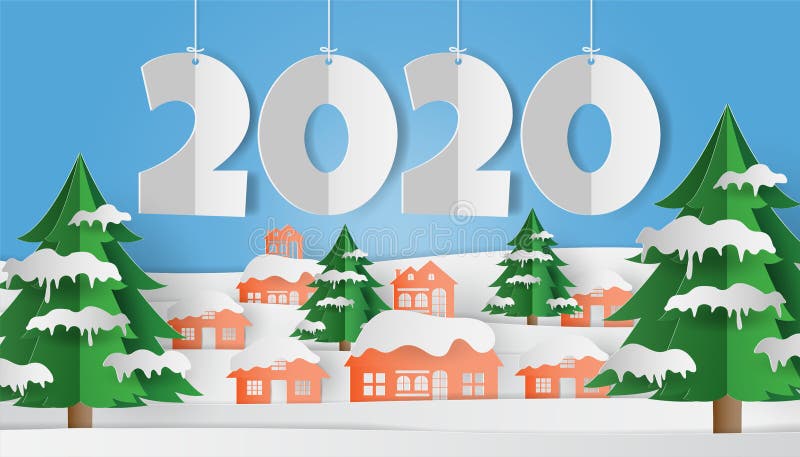 Bylandskap i vintersnöskog, 2020 års lyckliga nyårsbakgrund vektor illustrationer Bylandskap i vintersnöskog, 2020 års lyckliga nyårsbakgrund vektor illustrationer