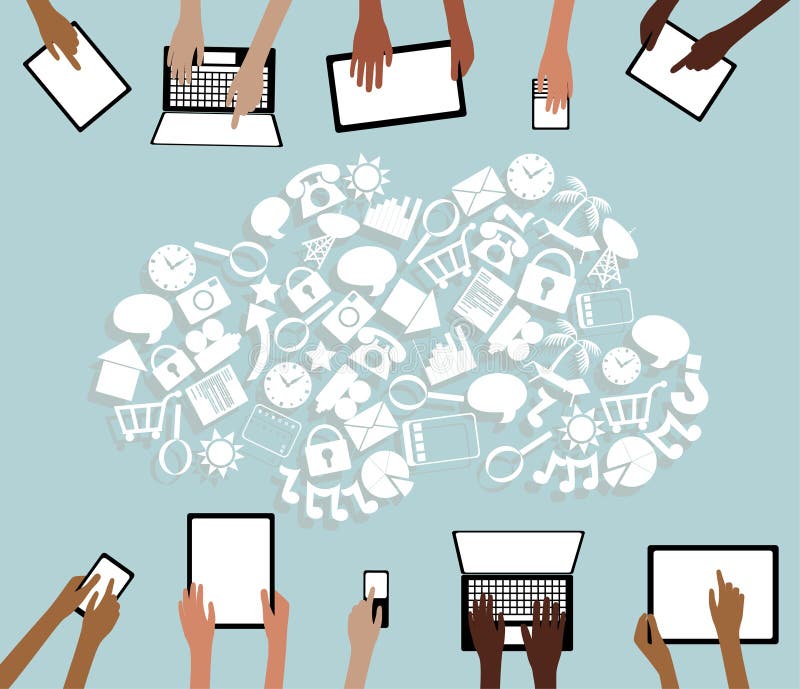BYOD brengt uw eigen het Pictogramwolk en Handen van Apparatentabletten stock illustratie BYOD brengt uw eigen het Pictogramwolk en Handen van Apparatentabletten stock illustratie