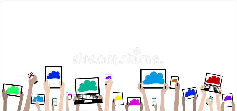 BYOD-Kinderhände mit Computer-und Wolken-Fahne vektor abbildung BYOD-Kinderhände mit Computer-und Wolken-Fahne vektor abbildung