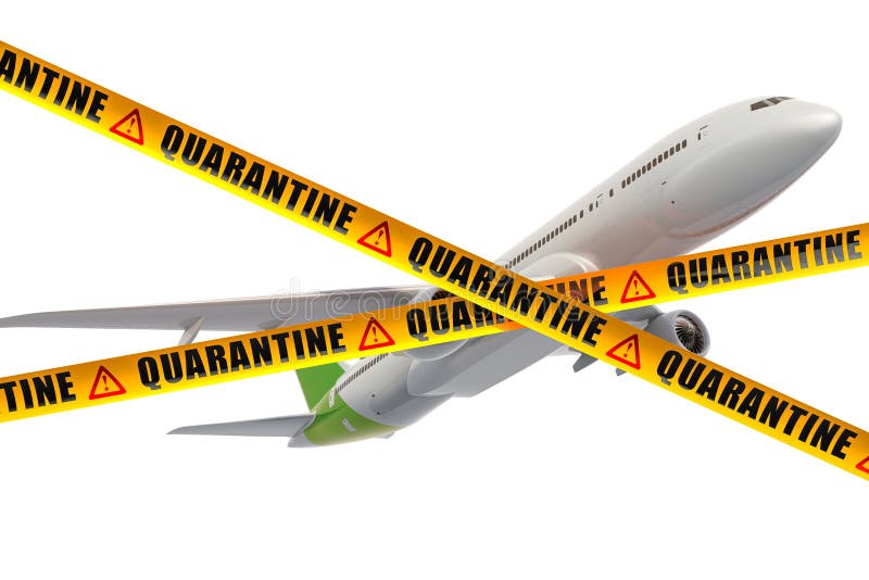 Byte eller inställd flygning, resa i karantän. Flygplan med försiktighet barriärband 3d-rendering vektor illustrationer