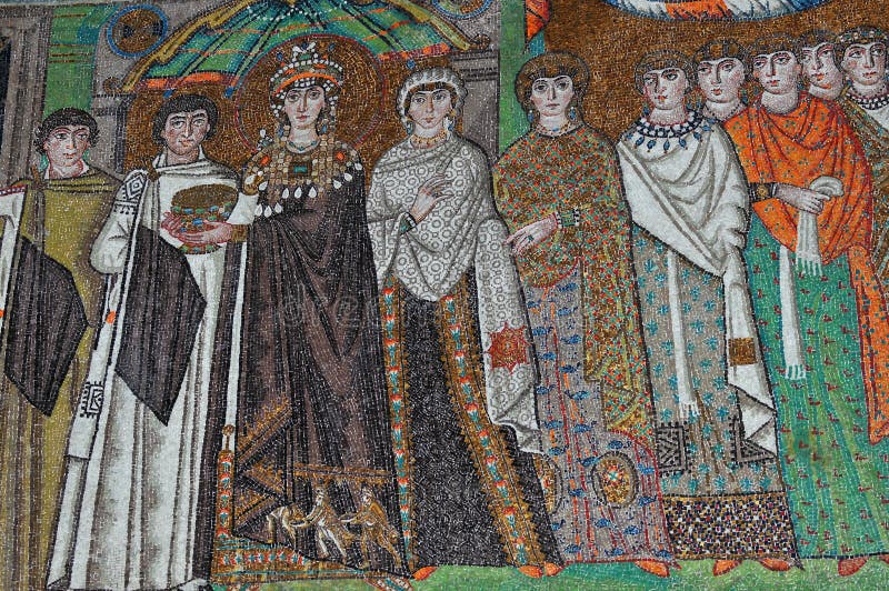 Empress Theodora, wife of the byzantine emperor Justinian and actress, together with her retinue and ladies in waiting. Ancient byzantine mosaic in the UNESCO listed basilica of St Vitalis, Ravenna, Italy