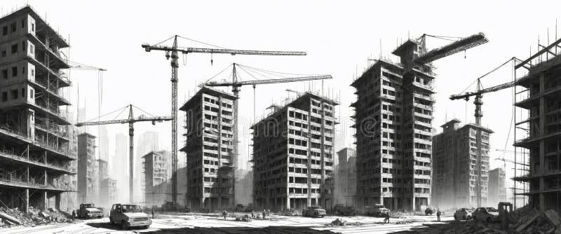 Bâtiment en construction imprimé bleu sur papier