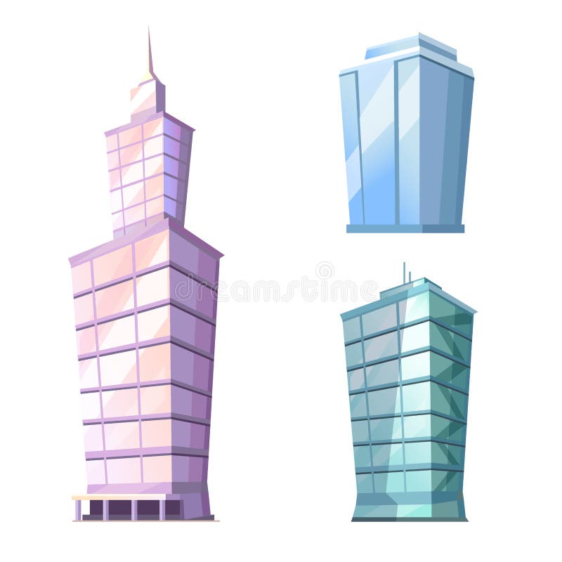 Set of skyscraper glass buildings isolated on white. Traditional attribute of big cities for living and offices. Vector illustration of futuristic modern building with windows gaming app concept. Set of skyscraper glass buildings isolated on white. Traditional attribute of big cities for living and offices. Vector illustration of futuristic modern building with windows gaming app concept