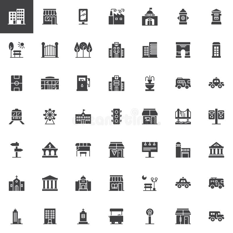 Bâtiments de ville et icônes de vecteur de transport réglées illustration stock Bâtiments de ville et icônes de vecteur de transport réglées illustration stock