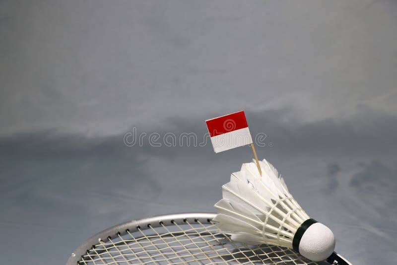 Bâton de drapeau de Mini Indonesia sur le volant mis sur le filet de la raquette de badminton sur le plancher gris photographie stock libre de droits Bâton de drapeau de Mini Indonesia sur le volant mis sur le filet de la raquette de badminton sur le plancher gris photographie stock libre de droits