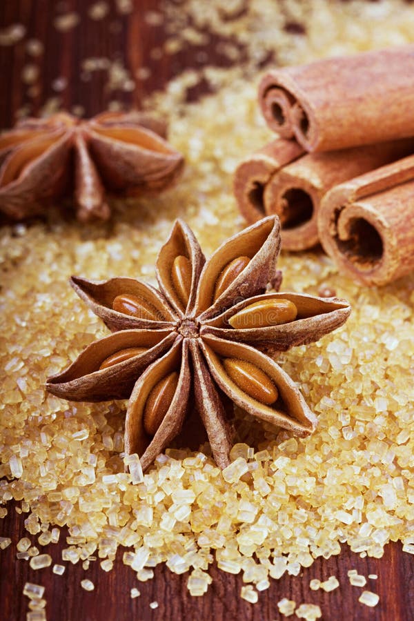 Bâtons d'étoile et de cannelle d'anis sur le sucre de canne brun images libres de droits Bâtons d'étoile et de cannelle d'anis sur le sucre de canne brun images libres de droits