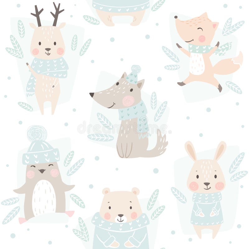 Bär, Wolf, Ren, Hase, Fuchs, nahtloses Muster des Pinguinbaby-Winters Netter Tierweihnachtshintergrund vektor abbildung Bär, Wolf, Ren, Hase, Fuchs, nahtloses Muster des Pinguinbaby-Winters Netter Tierweihnachtshintergrund vektor abbildung
