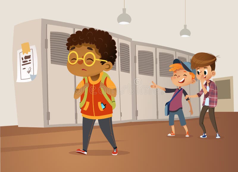 Bärande exponeringsglas för ledsen överviktig afrikansk amerikanpojke som går till och med skola Skolapojkar och gäl som skrattar stock illustrationer Bärande exponeringsglas för ledsen överviktig afrikansk amerikanpojke som går till och med skola Skolapojkar och gäl som skrattar stock illustrationer