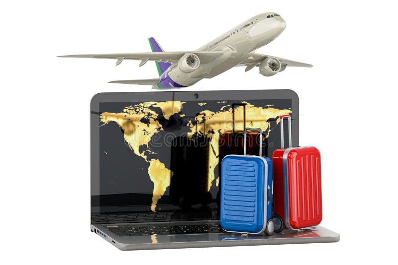Bärbar dator med flygplan och resväskor. globalt system för flygresor 3d-rendering vektor illustrationer