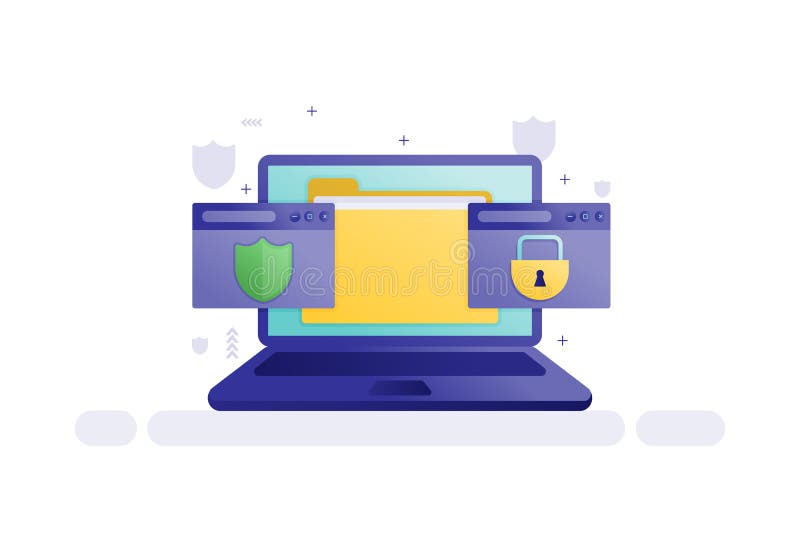 Bärbar dator med Mapp- och säkerhetsikoner Online Privacy and Data Protection Concept stock illustrationer