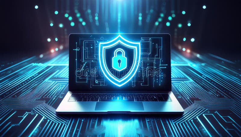 Bärbar dator som visar en neonspärr på en digital kretsbakgrund som representerar cybersäkerhetsskydd. ai generative royaltyfria foton