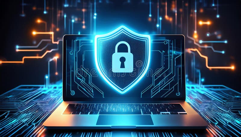 Bärbar dator som visar en neonspärr på en digital kretsbakgrund som representerar cybersäkerhetsskydd. ai generative arkivfoto