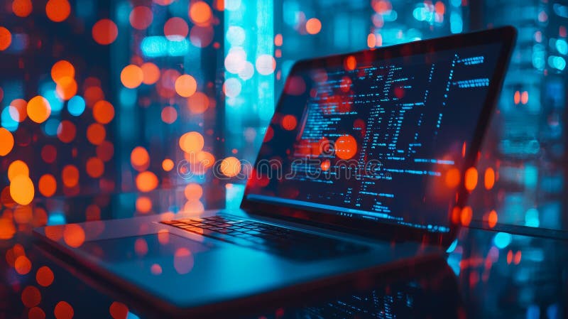 Bärbar dator som visar kod med klara bokeh-lampor i bakgrunden royaltyfria bilder