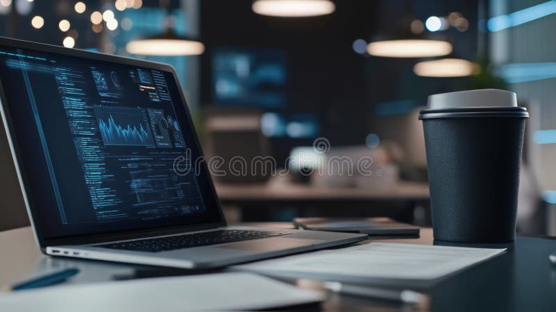 Bärbar dator som visar programmeringskod och dataanalys på skrivbordet på modernt kontor på natten royaltyfri illustrationer