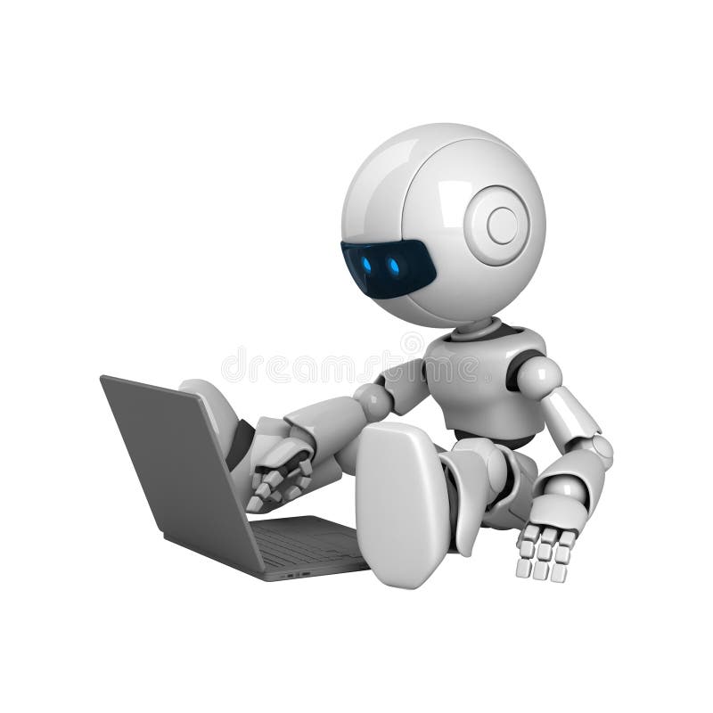 Bärbar datorroboten sitter white vektor illustrationer