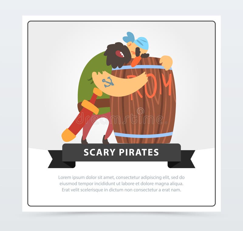 Bärtiger Pirat, der auf einem hölzernen Fass Rum, furchtsame Piratenfahne, flaches Vektor ilustration schläft stock abbildung