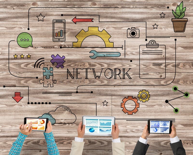 Bästa sikt av businesspeople som sitter på tabellen och använder grejer stock illustrationer Bästa sikt av businesspeople som sitter på tabellen och använder grejer stock illustrationer