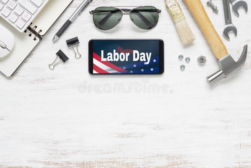 Table top view of labor day abstract background concept. Flat lay mockup smartphone with Happy Labor Day USA Holiday and essential. Worker tools on grunge white wood background with copy space, accessories, america, american, banner, blue, business, celebration, construction, design, event, fashion, flag, flatlay, frame, handy, man, mobile, national, objects, retro, screen, set, striped, stripes, sunglasses, symbol, technology, template, texture, united. Table top view of labor day abstract background concept. Flat lay mockup smartphone with Happy Labor Day USA Holiday and essential. Worker tools on grunge white wood background with copy space, accessories, america, american, banner, blue, business, celebration, construction, design, event, fashion, flag, flatlay, frame, handy, man, mobile, national, objects, retro, screen, set, striped, stripes, sunglasses, symbol, technology, template, texture, united