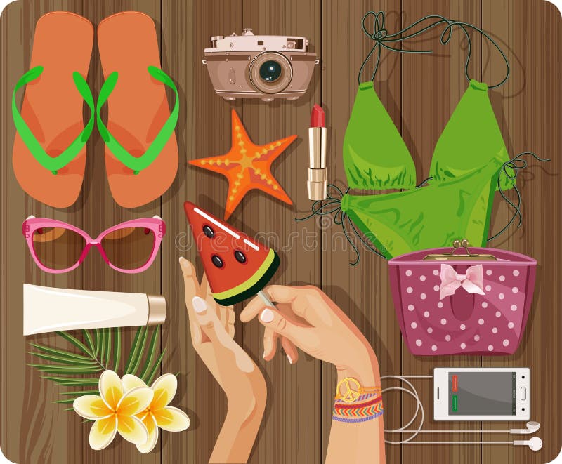 Bästa sikt med den texturerade tabell- och sommaruppsättningen, baddräkt, sjöstjärna, kamera stock illustrationer Bästa sikt med den texturerade tabell- och sommaruppsättningen, baddräkt, sjöstjärna, kamera stock illustrationer