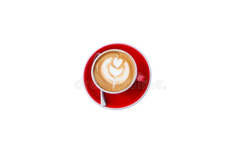 Bästa sikt, varmt cappuccinokaffe för Closeup i röd kopp på isolerad vit bakgrund royaltyfria foton Bästa sikt, varmt cappuccinokaffe för Closeup i röd kopp på isolerad vit bakgrund royaltyfria foton