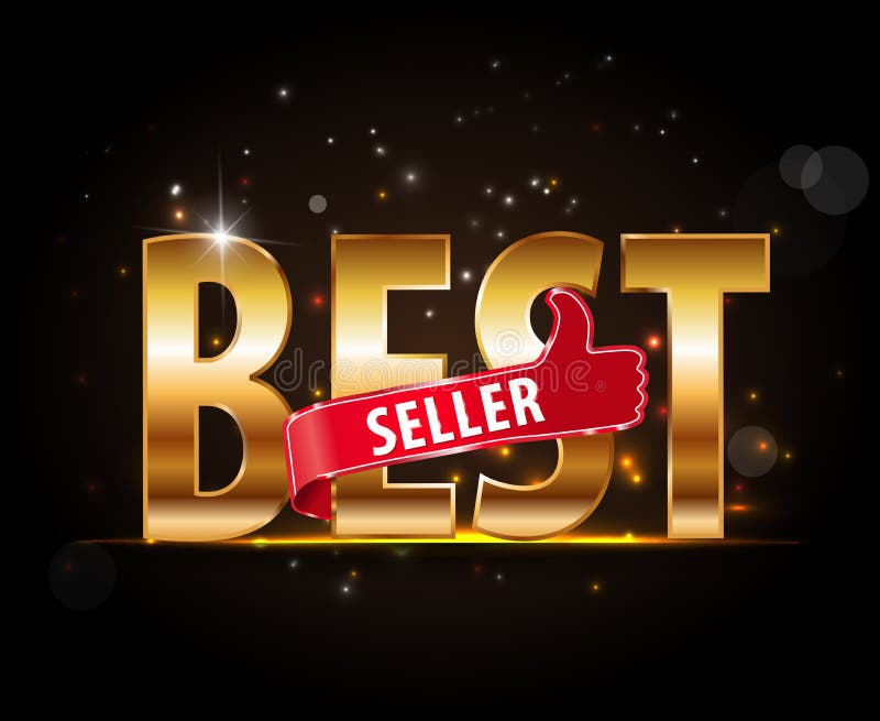 Bästsäljareetiketter med tummar upp guld- textetikett stock illustrationer
