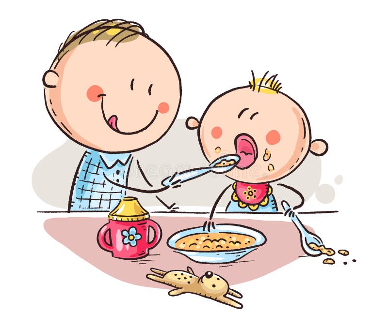 Bébé de alimentation de père, illustration colorée de vecteur de bande dessinée illustration libre de droits Bébé de alimentation de père, illustration colorée de vecteur de bande dessinée illustration libre de droits