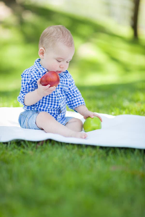 Bébé garçon infantile de métis s'asseyant sur les pommes comparantes couvrantes t photographie stock Bébé garçon infantile de métis s'asseyant sur les pommes comparantes couvrantes t photographie stock