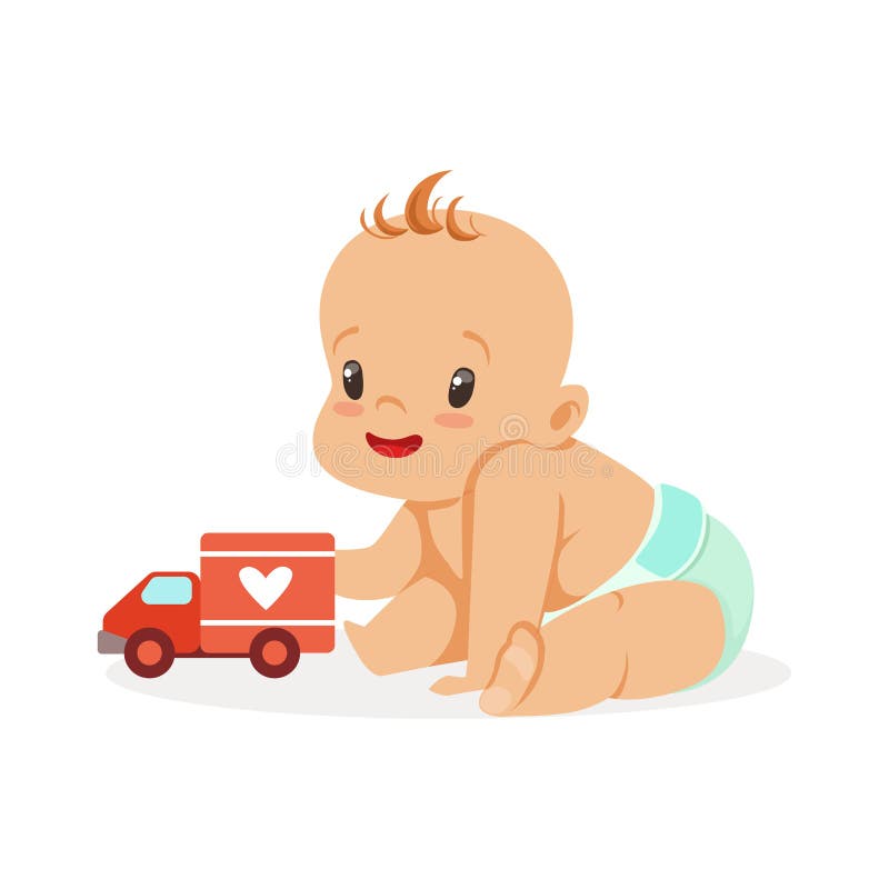 Bébé heureux doux s'asseyant et jouant avec la voiture de jouet, illustration colorée de vecteur de personnage de dessin animé illustration stock Bébé heureux doux s'asseyant et jouant avec la voiture de jouet, illustration colorée de vecteur de personnage de dessin animé illustration stock