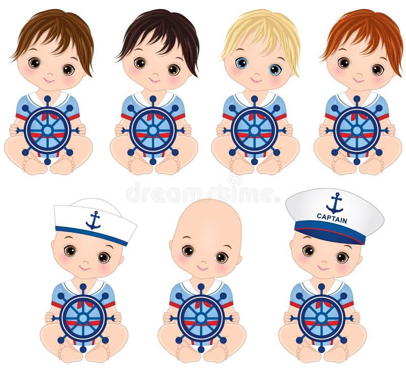 Vector cute baby boys dressed in nautical style. Vector baby boy shower. Baby boys with various hair colors. Vector baby boy with steering wheel. Baby boys vector illustration. Vector cute baby boys dressed in nautical style. Vector baby boy shower. Baby boys with various hair colors. Vector baby boy with steering wheel. Baby boys vector illustration